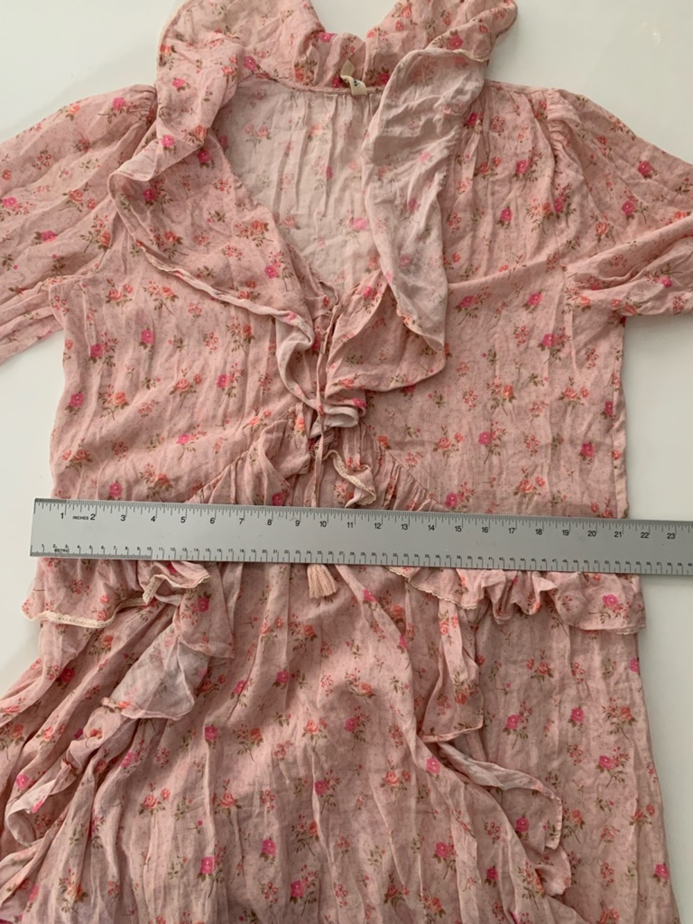 SPELL Fleur Ruffle Gown Pink Champagne Floral Ruffle Maxi Dress - Size Medium - Picture 12 of 13